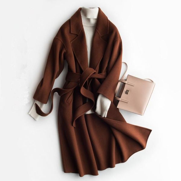 

women's wool & blends long double sided jacket women belt classic coat autumn winter fashion large size solid overcoat female, Black