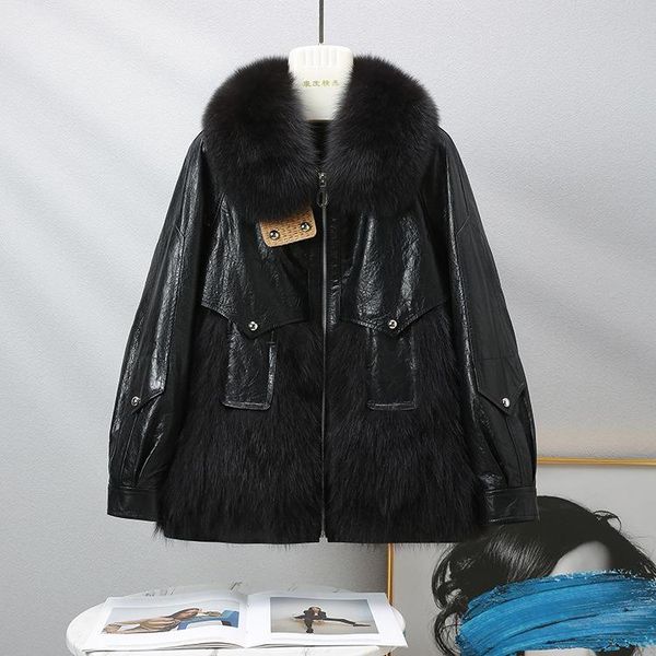 

women's leather & faux 2021 winter loose long sleeve korean sheepskin black hooded zipper temperament waistless clothes