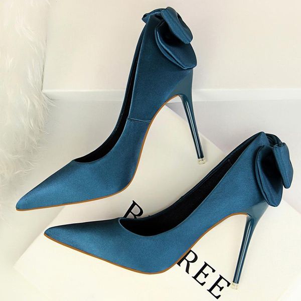 

dress shoes women luxury design 10cm high heels wedding bridal butterfly-knot satin pumps ladies pointed toe green female blue, Black