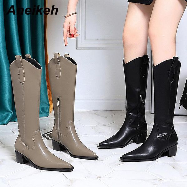 

boots aneikeh elegant pu travel knee-high women's western 2021 square heel platform shoes comfort nightclub winter booties, Black