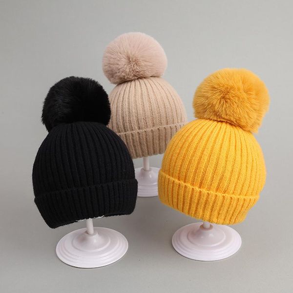 

caps & hats big pompom baby beanie autumn winter knitted thick warm hat cap solid color kids girls boy crochet children beanies, Yellow