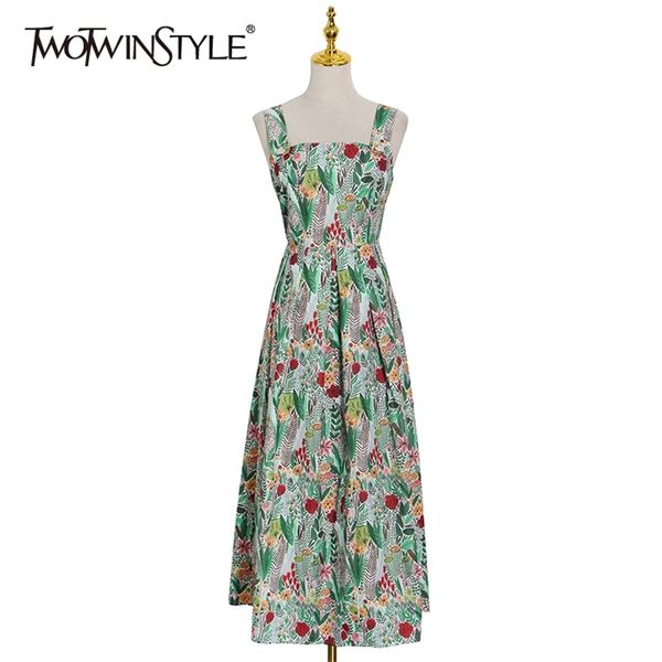 

elegant print summer dress for women square collar sleeveless high waist vintage dresses female fashion clothes 210520, Black;gray