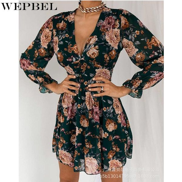 

casual dresses wepbel women's elegant floral print pleated dress ladies fashion long lantern sleeve v neck high waist corset chiffon, Black;gray