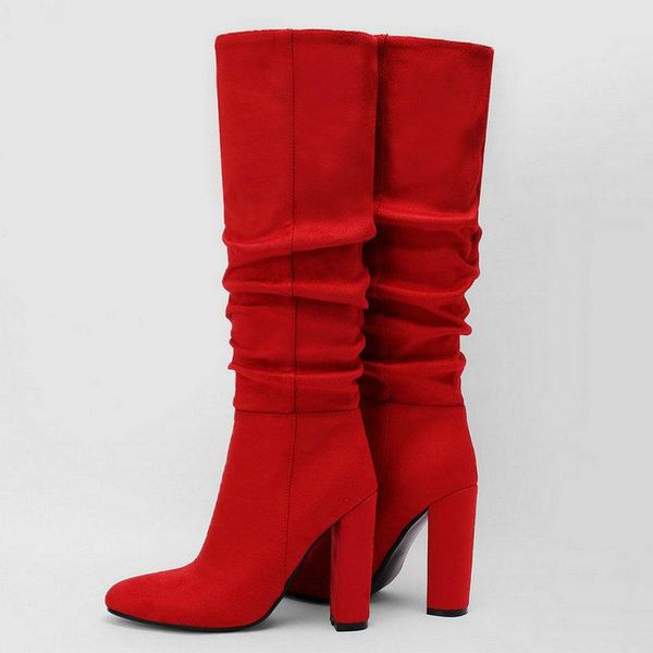 

boots 2021 faux suede women knee high brand design pleated square heel round toe dress women's big size, Black