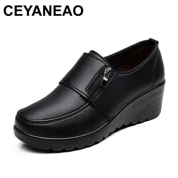 

dress shoes ceyaneao spring autumn women's fashion pumps woman genuine leather wedge single casual mother high heels, Black