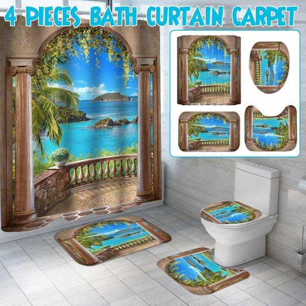 

shower curtains landscape printing curtain set waterproof polyester showeing bath toilet cover mat non-slip rug home bathroom decor