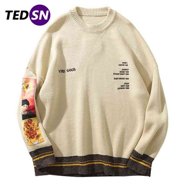 

hip hop fashion sweater pullover men van gogh painting embroidery knitted sweater harajuku male streetwear casual pullover 210818, White;black