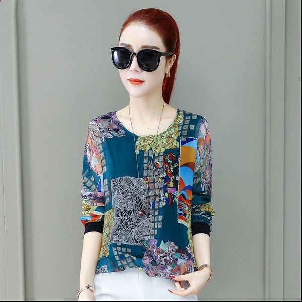 

fashion flower print summer flare women blouses long sleeve chiffon tunic female casual ladies shirts df2595, White