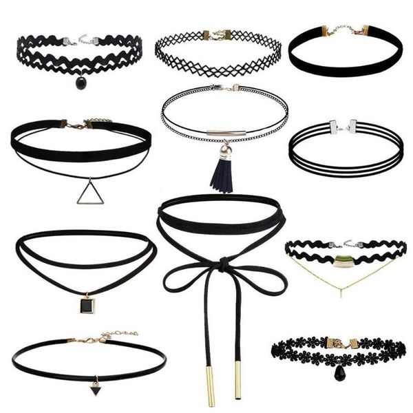 

chokers 11 pieces black velvet lace and triangle-chokers necklaces, Golden;silver