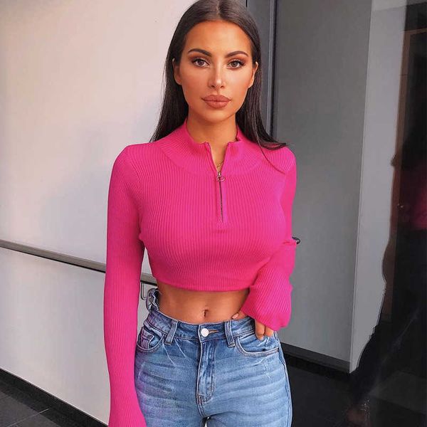 Bahar Kadın T Shirt Moda Neon Kırpılmış Tops Katı Seksi Fitness Rib-Örgü Fermuar Tee Turtleneck Uzun Kollu Gömlek Blusas 210625