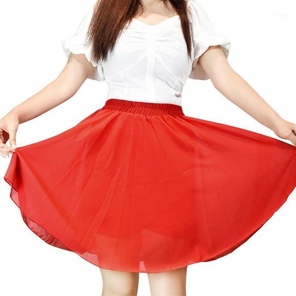 

summer solid color women chiffon skirts korean a line elegant slim red streetwear high waist ladies midi big skirt qluoyi, Black