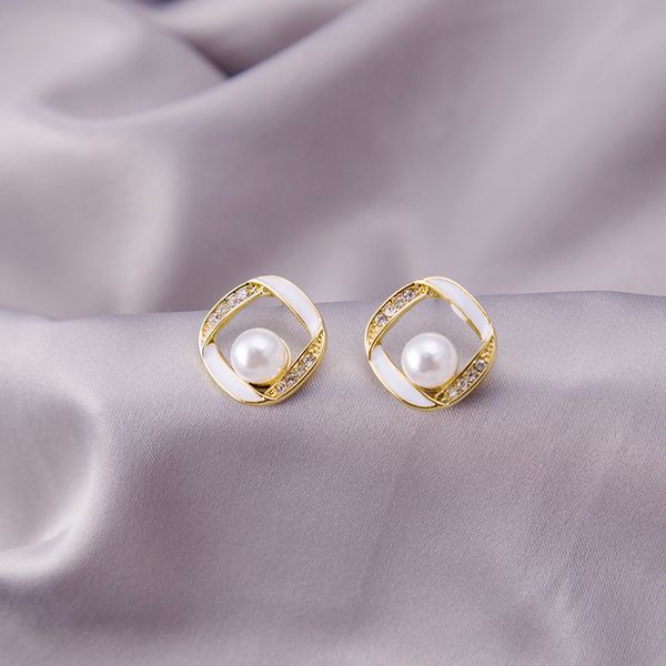 

925 silver needle simple pearl hollowed out earrings with diamond inlaid net red earrings, Golden