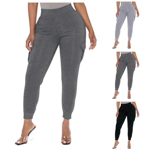

women's leggings women plus size autumn winter solid color multi pocket elastic high waist bottoming harem casual pants, Black