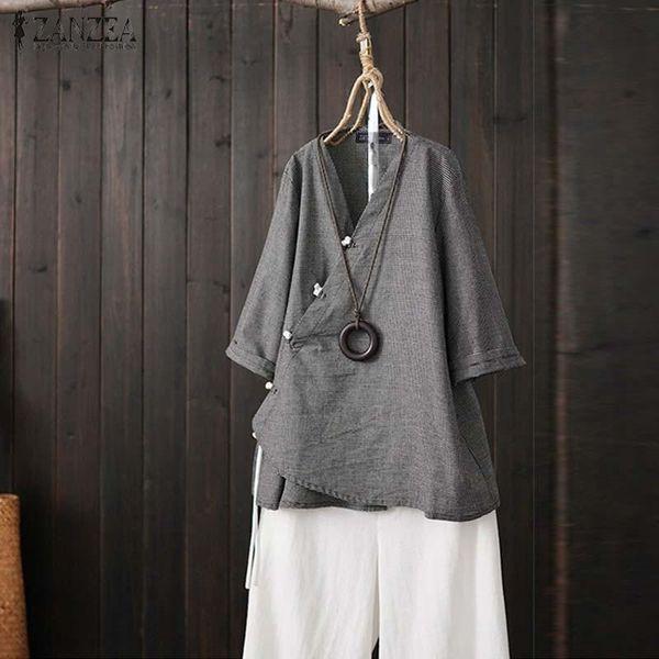 

vintage 3/4 sleeve solid cotton linen shirt autumn women blouse buttons blusas casual cardigan loose chemise v neck women's blouses &, White