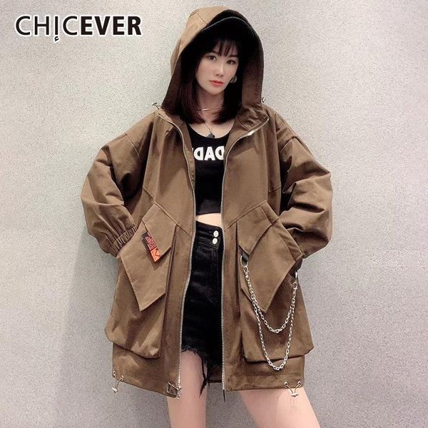 

women's jackets chicever patchwork korean fashion for women 2021 lapel hooded collar long sleeve zipper coats female clothing autumn, Black;brown