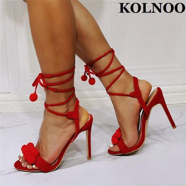 

sandals kolnoo ladies handmade high heeled crisscross shoelace fur-ball open-toe summer evening club fashion shoes, Black