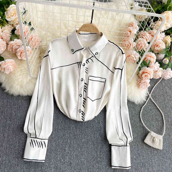 

singreiny design graffiti print blouse women turndown-collar button long sleeve korean blouses spring fashion streetwear 210419, White