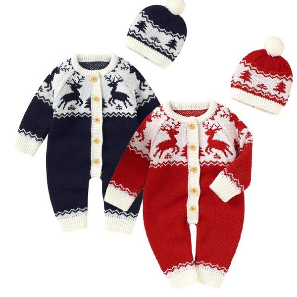 

rompers 2pcs baby\u2021s girls boys chirstmas clothes sets long sleeve jumpsuit with hat cute fawn knitted bodysuits pants romper, Blue