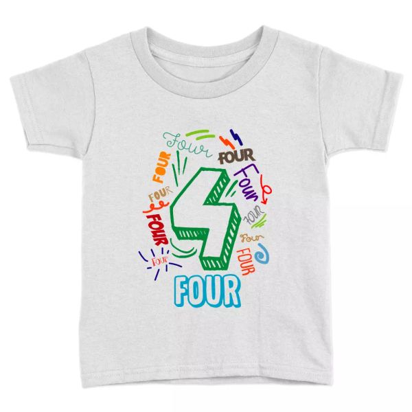 

big four kids t-shirt 4th year old birthday announcement git present, White;black