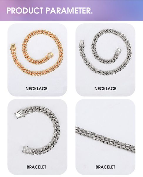

zb002 hip hop street fighter trendsetter cuba chain inlaid with diamond bracelet 12mm full for men and women gold plated necklaces 20pcs, Silver