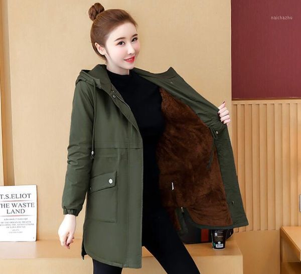 

women's down & parkas fashion cotton coat mid-long winter casual jacket loose plus velvet drawstring zipper hooded warm overcoat k1035, Black
