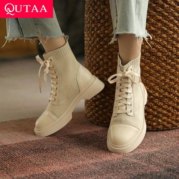 

boots qutaa 2022 women ankle round toe fashion buckle lace up shoes leather platform short size 34-39, Black