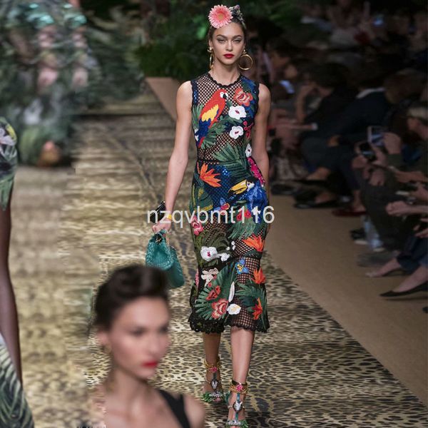 

casual dresses spring and summer women's wear round neck sleeveless mesh heavy industry embroidery slim fishtail skirt, Black;gray