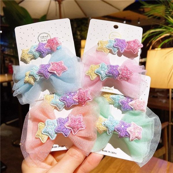 

2pcs/set cute star hair clips for kids girls yarn bow-knote cartoon color barrettes headwear fashion kawaii accessories, Slivery;white