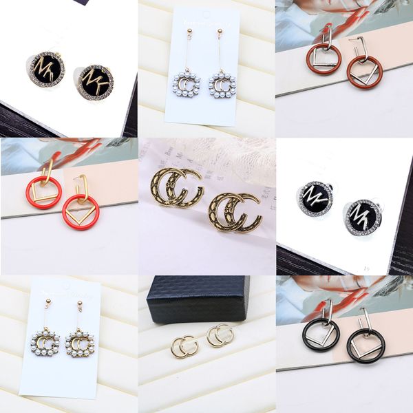 

20color fashion jewelry brand letters design stamp stud rhinestone pearl 18k gold plated earrings for women wedding party gifts wholesale pr, Golden;silver