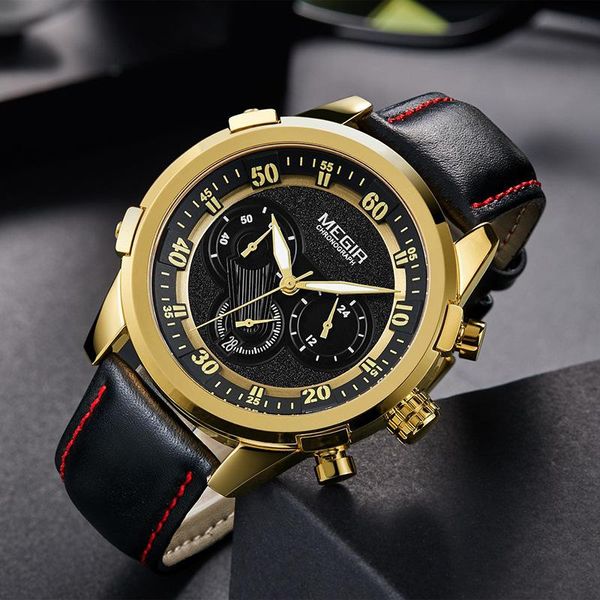 

wristwatches luxury men's watch megir to brand multi-function calendar timing leather sports watches quartz clock, Slivery;brown
