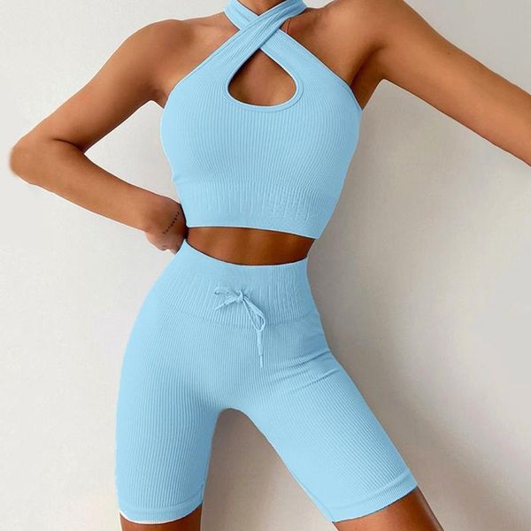 

women's tracksuits women yoga sets 2pcs bubble bushorts+cross seamless gym clothing girl sportswear quick dry fitness running suit, Gray
