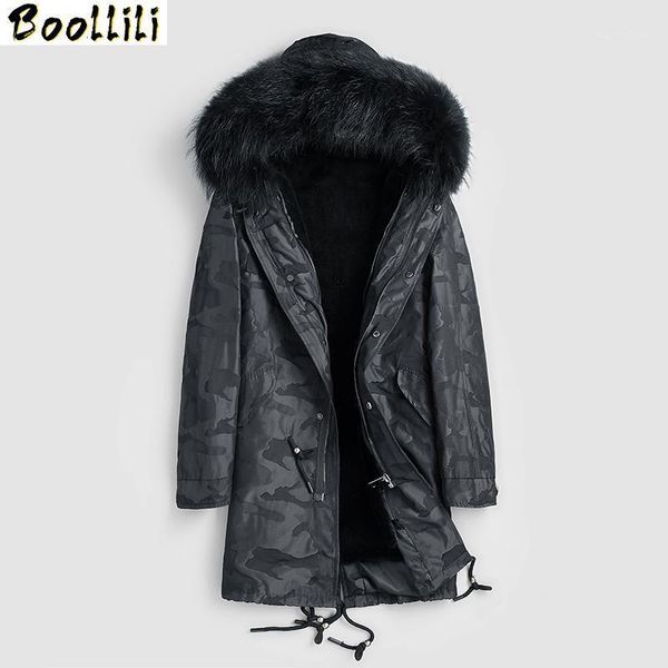 

men's leather & faux boollili parka real fur coat men sheep liner winter raccoon collar hooded parkas casaco, Black