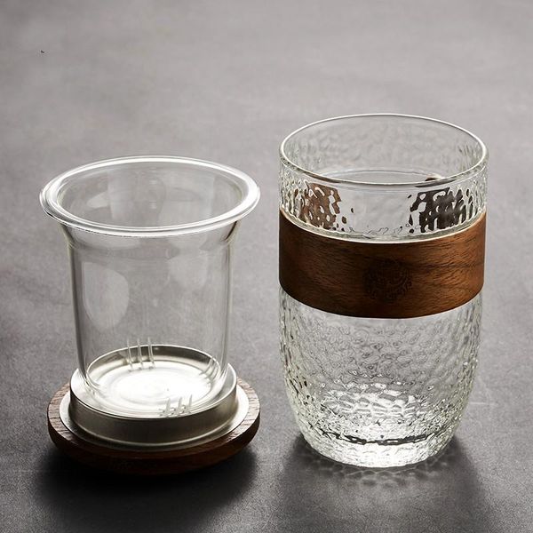 

vintage glass cup insulated filter tea infuser wooden lid creative water mug ripple bicchieri vetro acqua wood ac50gc wine glasses