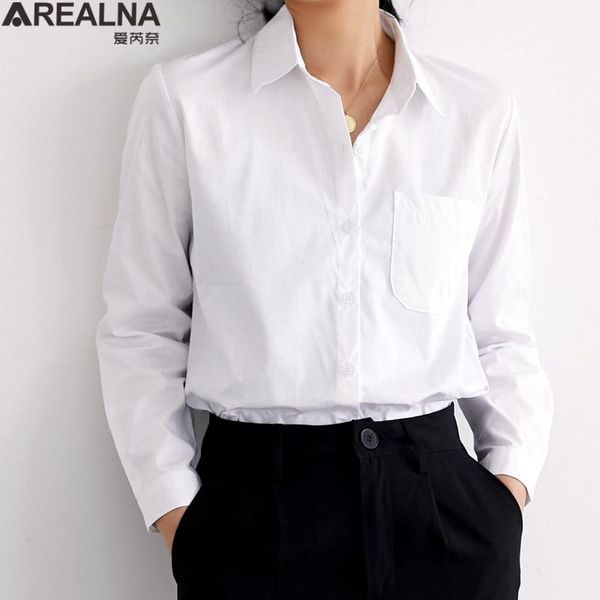 

women's blouses & shirts chic cotton white blouse shirt women turn-down collar office ladies with pockets long sleeve elegant kimono
