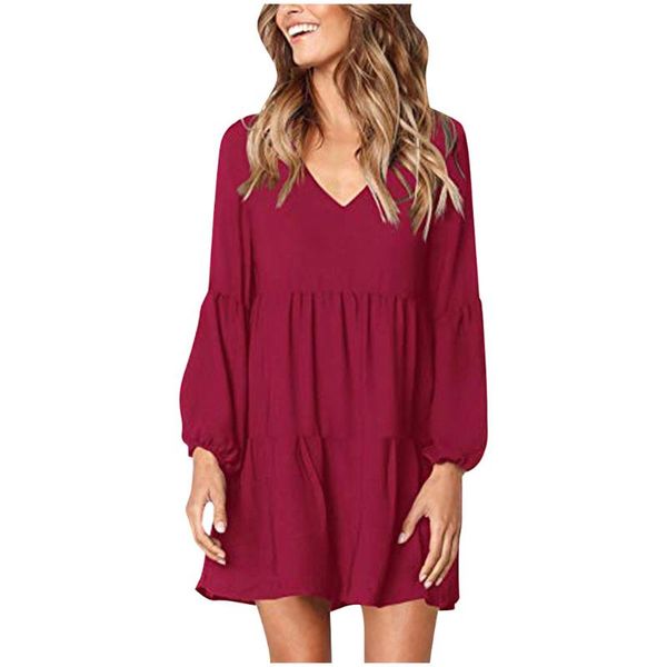

women casual summer dress red elegant fashion solid lantern long sleeve v-neck draped mini sukienka#j30 dresses, Black;gray
