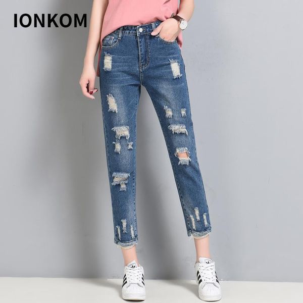 

women's jeans ionkom ripped bleach wash denim mid waist button zipper women trousers tassel hem casual female harem pants, Blue