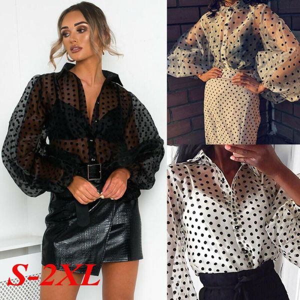 

women's blouses & shirts women girls mesh sheer long puff sleeve transparent blouse shirt polka dot printed female tees streetwear, White