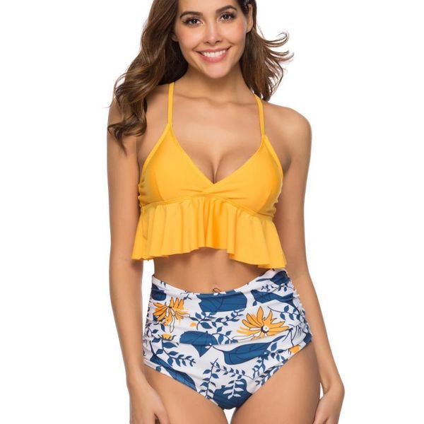 

one-piece suits 2021 swimwear women bikini ruffled shirred bikinis floral high-waisted swimsuit polkta woman