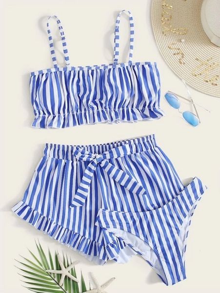 

origin 3-piece ruffle bikini conservative slim swimsuit and shorts set, White;black