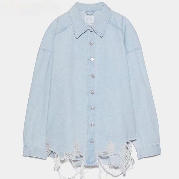 

zoulv 2021 womens solid button long sleeve oversize casual loose jeans female blouses spring streetwear frayed denim shirt women's jac, Black;brown