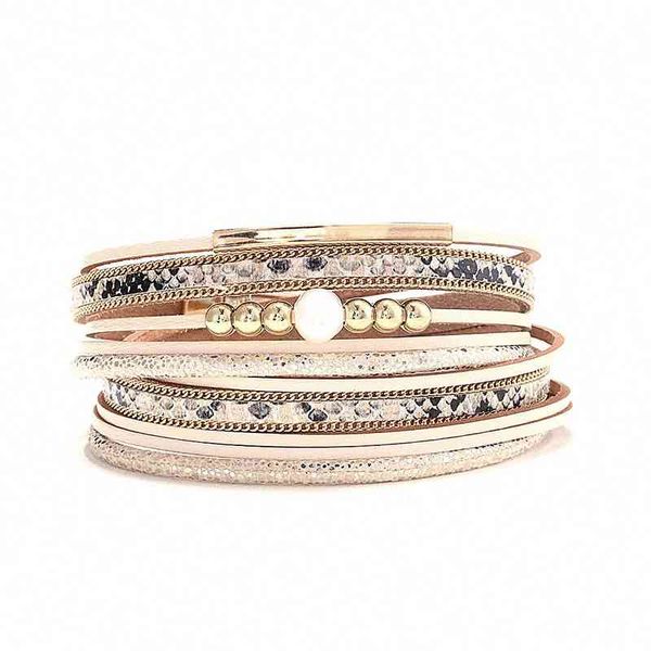 

national style magnet buckle leather bracelet leather bracelet fashion women's multi-layer korean version leather bran paper pearl, Golden;silver
