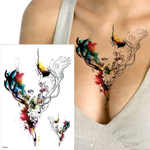 Körperkunst Tattoo Elch Tattoos Wasserdicht Bunte Sexy Tattoo Aufkleber Frauen Büste Zurück Sommer Aquarell Engelsflügel Aufkleber Gefälschte Mädchen