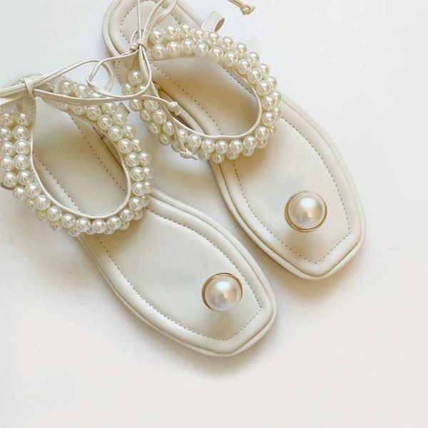 

pearl flip flops women flat shoes square toe ankle strap sandals female fashion summer slipper back bow designer show woman 2021 slippers, Black