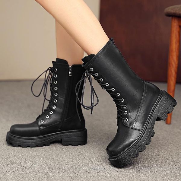 

boots may niamh fashion ankle square toe thick heels lace-up black brown handmade woman's shoe zipper plus size 43 a059