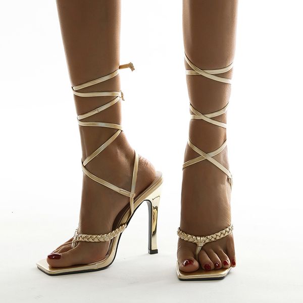 

slippers shoes woman elegant ankle strappy party pumps white gold high heels thong sandals square toe cross-tied ladies 8ol7, Black