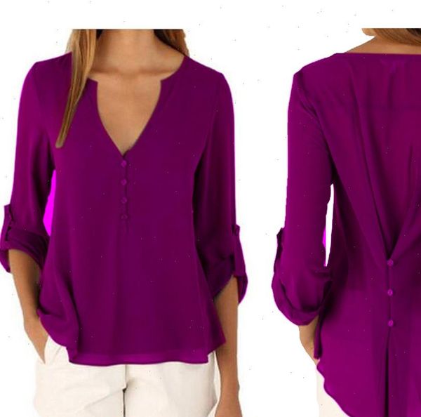 

autumn fashion deep women blouses v neck button long sleeve chiffon shirts solid elegant casual blouse, White
