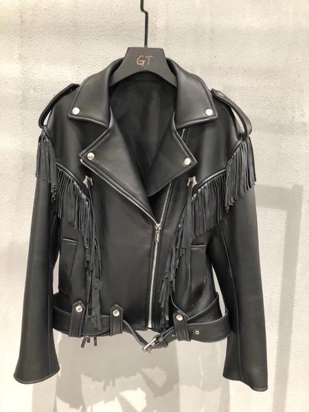 

women's leather & faux autumn genuine jacket women 2021 fashion real sheepskin coat rivet motorcycle biker female sheep, Black