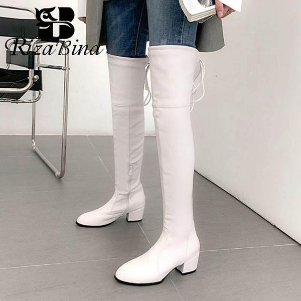 

boots rizabina ladies over the knee chunky heels zipper lace up wihte party classics footwear size 34-43, Black