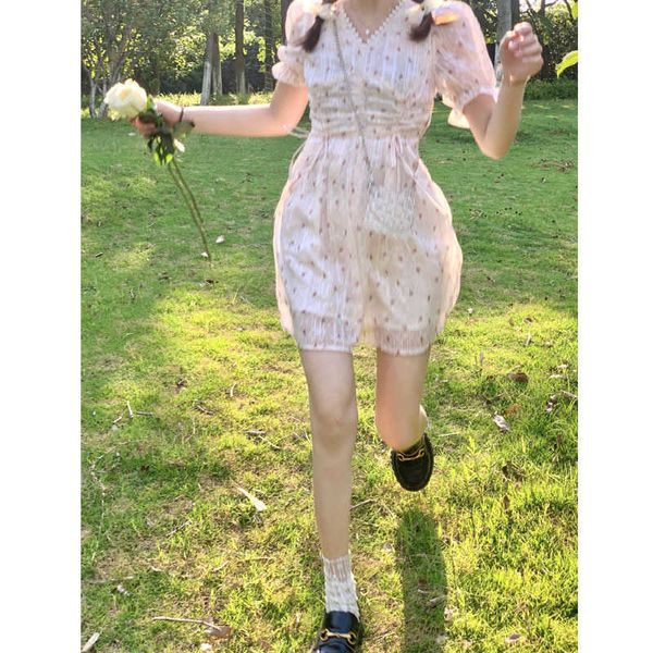 

girlfriend's summer first love girl's pure dire v-neck waist collection floral chiffon short drs summer 2021, Black