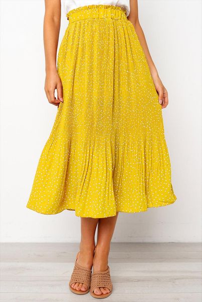 

summer casual chiffon print pockets women skirt high waist pleated maxi womens long skirts for, Black